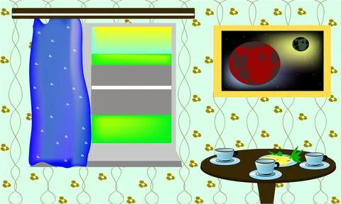 Room with table and cups for tea Stock Illustration