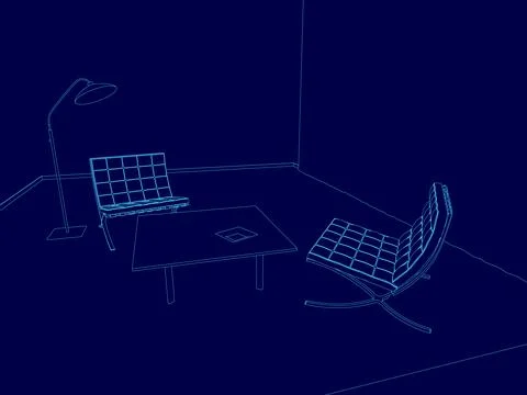 Room with a table and two chairs. The chairs are blue and the table is white. Stock Illustration