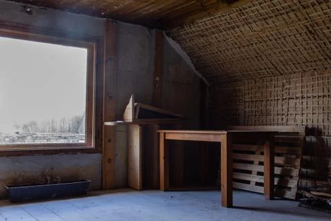 Room under construction, one table on blue floor Stock Photos