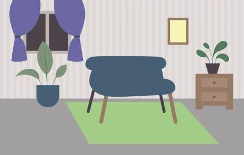Room vector illustration in flat color style. Armchair, windows, curtains, ca Ilustración de archivo
