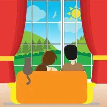 Room with a view of mountains landscape Stock Illustration