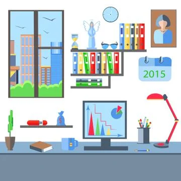 Room with a view from the window table, shelf, city Stock Illustration