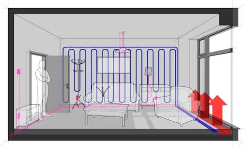 Room with  wall cooling and convector and furniture with electric installations Stock Illustration