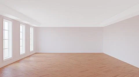 Room with White Walls, Ceiling and Cornice, Three Large Windows, Glossy Parquet Stock Illustration