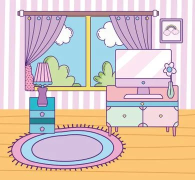 Room with window table computer drawer lamp and flower Stock Illustration