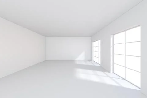 Room with windows and falling light from the window to the floor. 3D rendering Stock Illustration