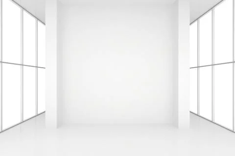 Room with windows and white columns. 3d render Illustrazione stock