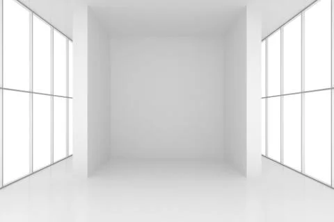 Room with windows and white columns. 3d render 스톡 일러스트