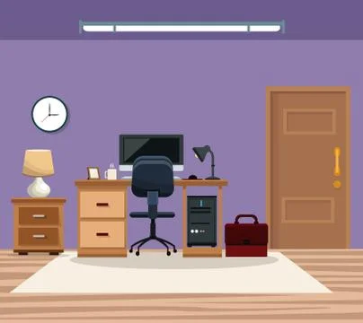 Room work desk chair computer table lamp clock portfolio Stock Illustration