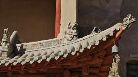 Rooof eaves with dragons-9 storied wooden porch Mogao Cave 96-Dunhuang-CN Stock Photos