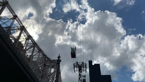 ROOSEVELT ISLAND TRAMS PASSING 59TH STREET BRIDGE Stock Footage 335472021