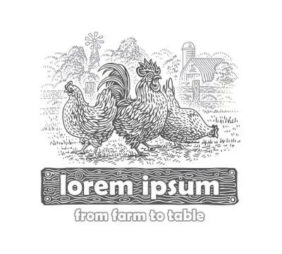 Rooster and 2 hens package label illustration. Stock Illustration