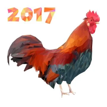 Rooster and 2017 numbers in polygon style low poly. Stock Illustration
