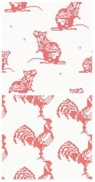 Rooster and Rat - Knitted Pattern in Red Color. Symbol of Chinese Calendar. Stock Illustration