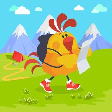 Rooster Bird on Excursion in Mountains. Vector Illustrazione stock