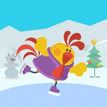 Rooster Bird Skate on Skating Ring. Cock in Sport Stock Illustration