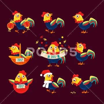 Rooster Cartoon Character Set With A Cock Representing Chinese Zodiac Symbol Of Stock Illustration
