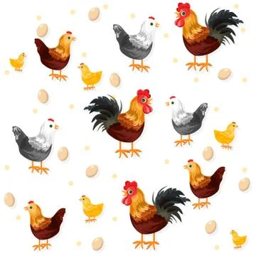 Rooster, chicken and eggs pattern Vector. Eco farmings Stockillustratie