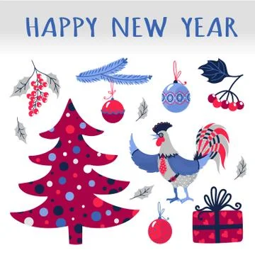 Rooster, Christmas tree, gift and toys. Stock Illustration