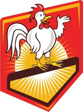 Rooster cockerel waving hello shield cartoon Stock Illustration