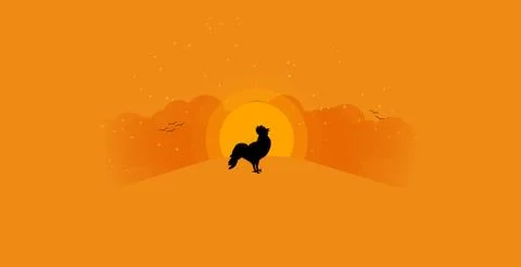 Rooster crowing at sunrise background with copy space. Cottage in an idyllic  Stock Illustration