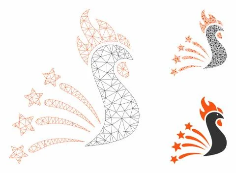 Rooster Fireworks Vector Mesh Carcass Model and Triangle Mosaic Icon 库存插图