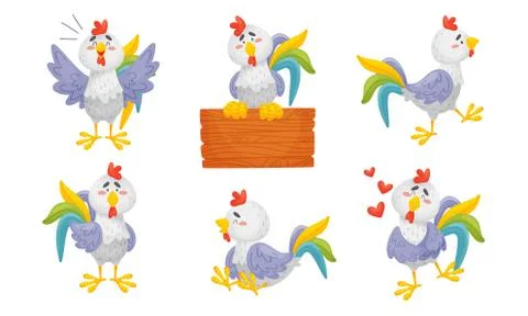Rooster Funny Character with Bright Feathers Singing and Sitting on Wooden Plank Stock Illustration