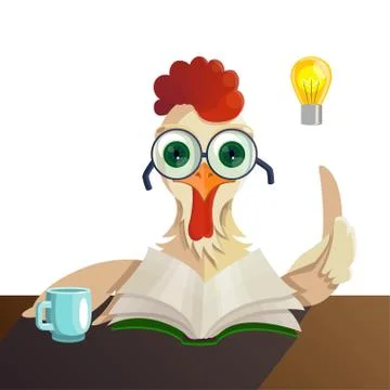 Rooster in glasses reading a book. Vector illustration Stock Illustration