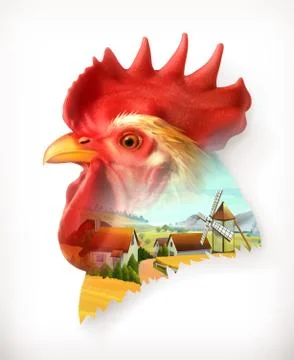 Rooster head, double exposure vector illustration Stock Illustration