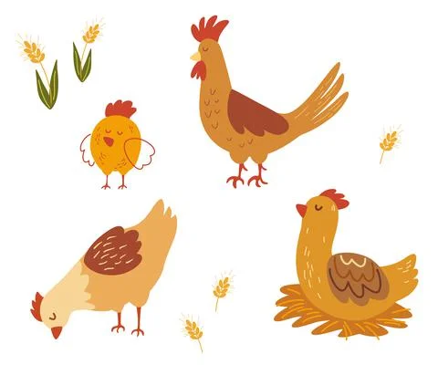 Rooster, hen and chicks. Various cute chickens flat icon set. Funny domestic  Stock Illustration