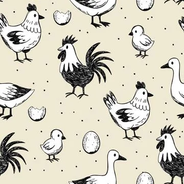 Rooster Hen Seamless Farm Pattern Vector Stock Illustration