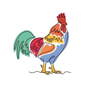 Rooster one line colourful vector illustration Stock Illustration