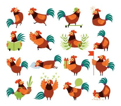 Rooster or Cock Character as Farm Poultry and Feathered Bird Big Vector Set Stock Illustration