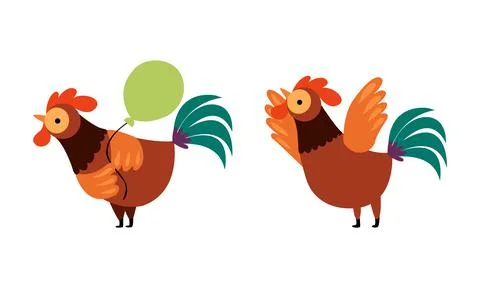 Rooster or Cock Character Flapping Wings and Holding Balloon Vector Set Stock Illustration