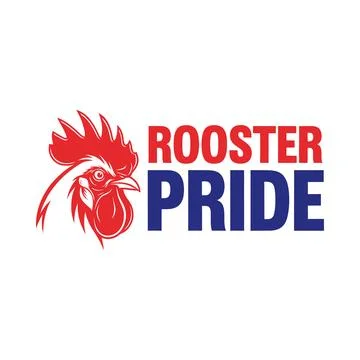 Rooster Pride logo with red rooster head and blue text on white background Stock Illustration