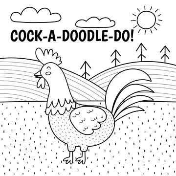 Rooster saying cock-a-doodle-do black and white print. Cute farm character on a Stock Illustration