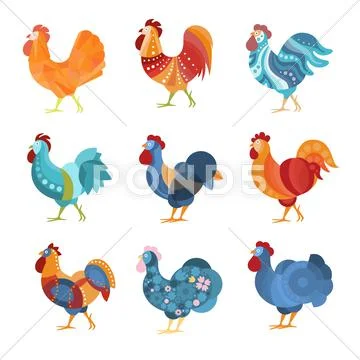 Rooster Similar Drawings Set Colored In Different Styles Stock Illustration