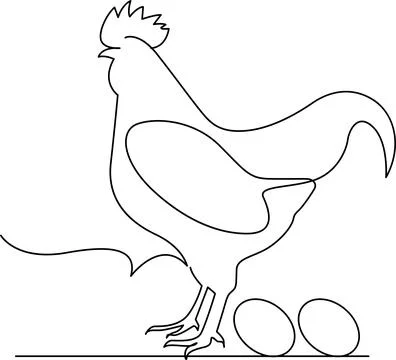 A rooster standing proudly next to three eggs on a line. Vector Stock Illustration
