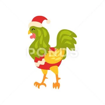 Rooster symbol of New Year, cute animal of Chinese horoscope in Santa Claus Stock Illustration