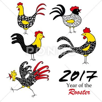 Roosters with graphic patterns made by hand. Symbol of 2017 for your design Stock Illustration