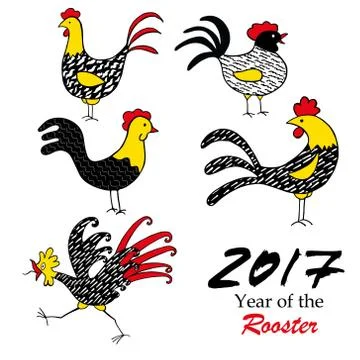 Roosters with graphic patterns made by hand. Symbol of 2017 for your design Illustrazione stock