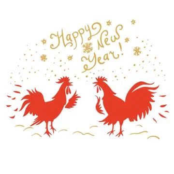 Roosters image with text isolated on white background Stock Illustration