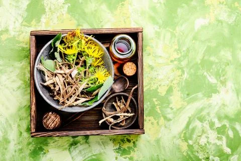 Root and tincture of elecampane Stock Photos