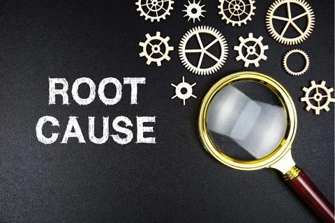 Root Cause text message with magnifying glass on black background Stock Photos