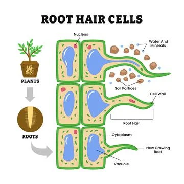 Root hair cells structure anatomy, Root hair cell collecting mineral nutrie.. Stock Illustration