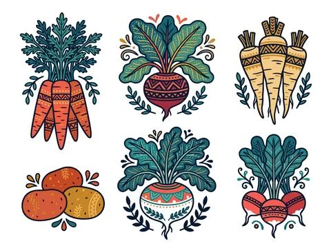 Root Vegetable Folk Art Bundle Vector Illustration Stock Illustration