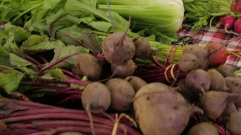 Root Vegetables and Leafy Greens on Display at Sydney Market Stall, Australia Stock Footage 345710506
