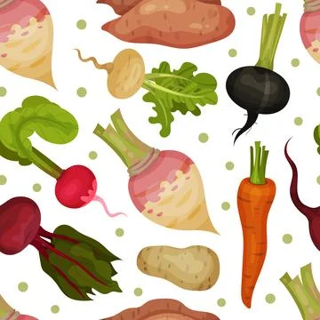 Root Vegetables Seamless Pattern Design with Ripe Agricultural Crops Vector Illustrazione stock