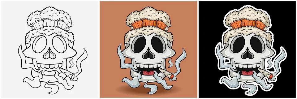 Rootbeer Inside Skull Head With Smoking Character Cartoon. Black White, Col.. Illustrazione stock
