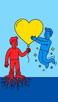 Rooted and Floating Figures with Heart Balloon Stock Illustration